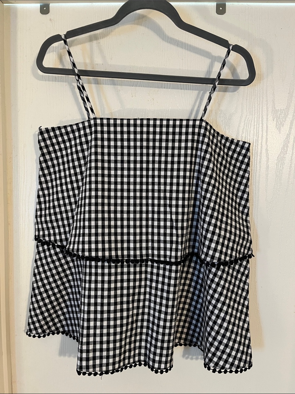 Pleione Black & White Gingham Tiered Camisole with Pom Trim